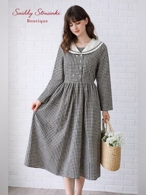 Vintage Style Black White Gingham Dress Sailor Collar Cottagecore Tie Back/ M